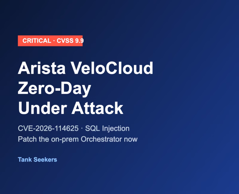 Arista VeloCloud zero-day CVE-2026-114625 SQL injection warning graphic