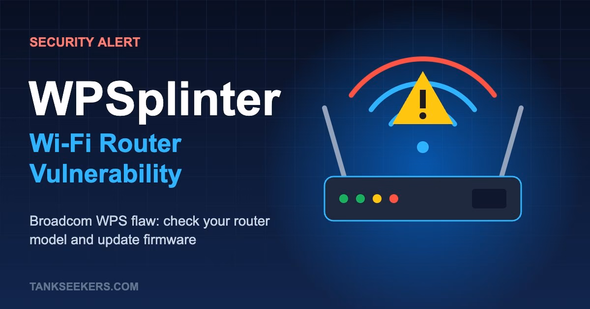 WPSplinter Wi-Fi vulnerability warning graphic showing a Broadcom router